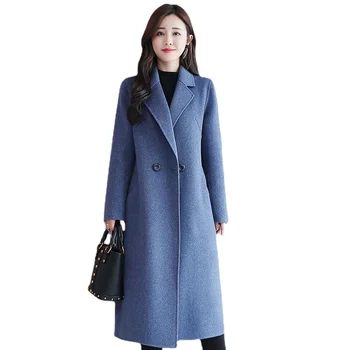 Осенне-зимнее женское двустороннее шерстяное пальто средней длины, новое однотонное шерстяное пальто-поло, приталенное шерстяное пальто высокого качества