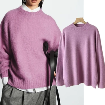 Увядший Винтажный Свободный шерстяной Трикотаж, Свитера, женские модные Зимние Пуловеры фиалкового цвета