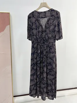 Французское элегантное женское платье миди с V-образным вырезом, приталенное, с винтажным принтом, Женское однобортное длинное платье с коротким рукавом для отдыха