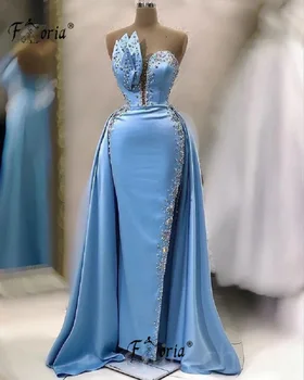 Элегантные вечерние платья Русалки из голубого атласа с верхней юбкой, расшитой бисером, с разрезом по бокам, без спинки, Вечерние платья на заказ, большие размеры
