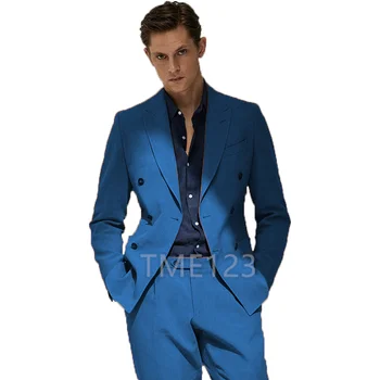 Костюм Модные синие мужские костюмы, 2 предмета, официальный деловой блейзер, смокинги с козырьком, лацкан для свадьбы, Жених, мужчина (куртка + брюки)